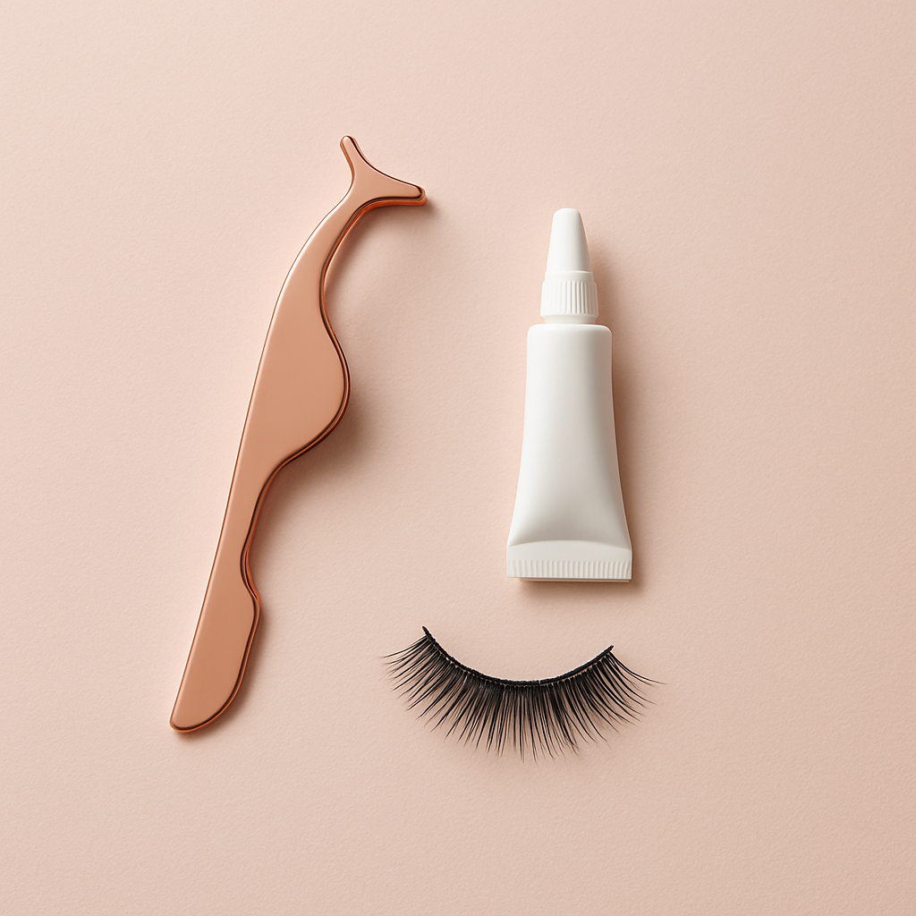 Lash applicator and adhesive flat lay on a blush surface